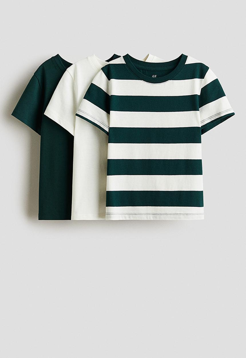 H&M - 3-pack cotton t-shirts - green/white striped