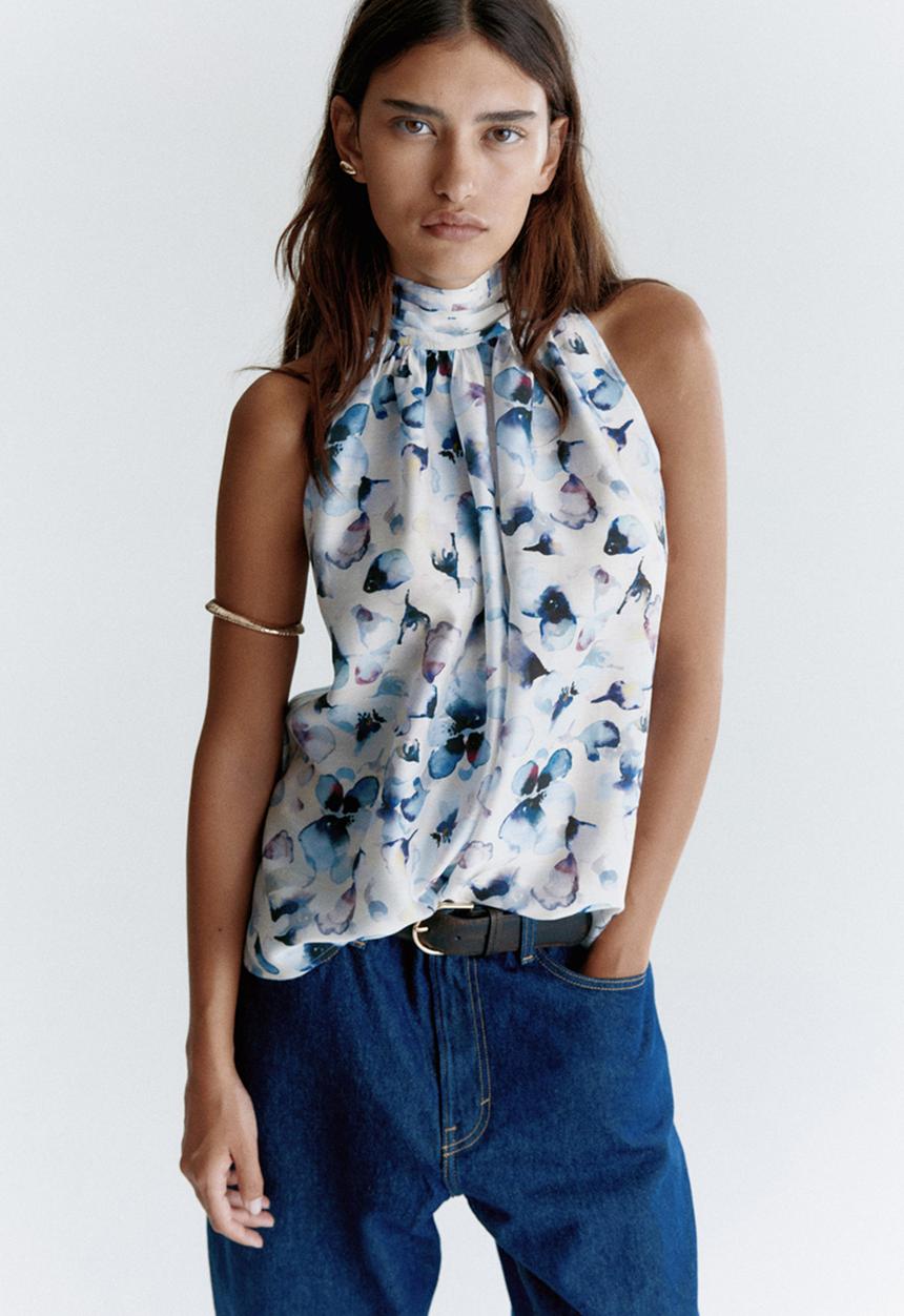 H&M - Draped-collar top - white/blue floral