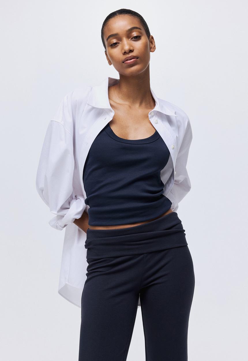 H&M - Foldover-waist cotton trousers - navy blue
