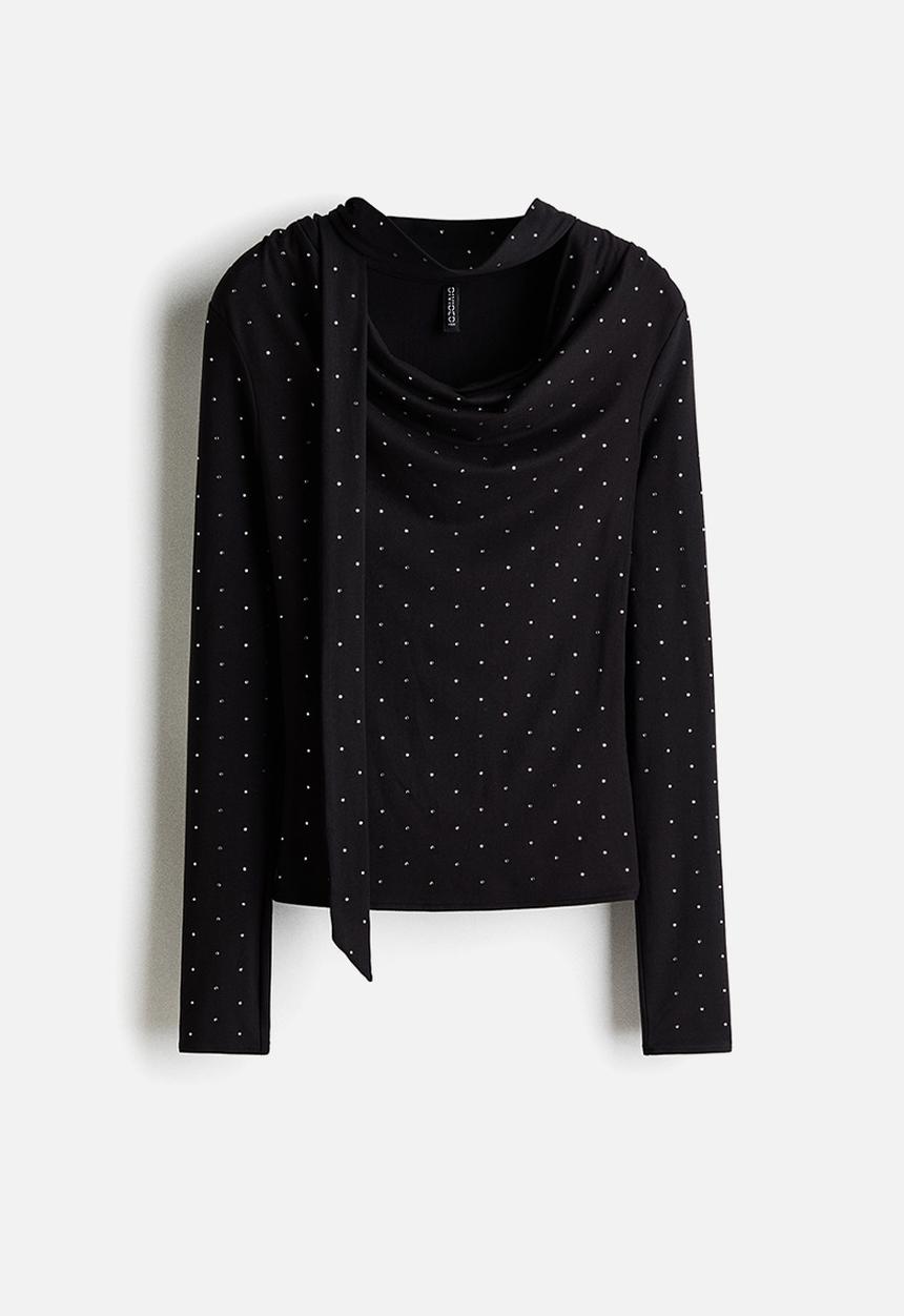 H&M - Scarf-detail top - black/spotted