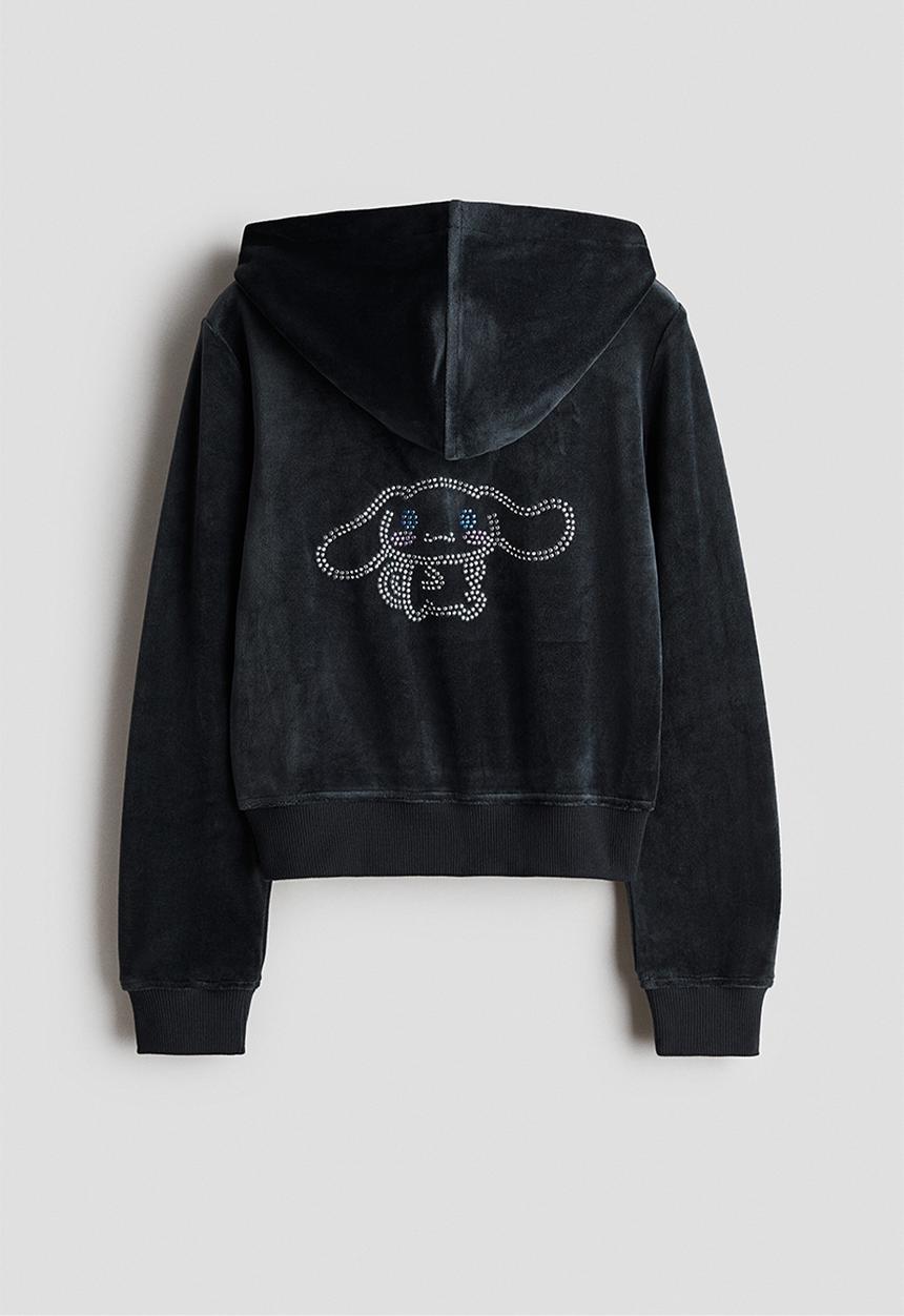 H&M - 2-piece embroidery-detail velour set - dark grey/cinnamoroll