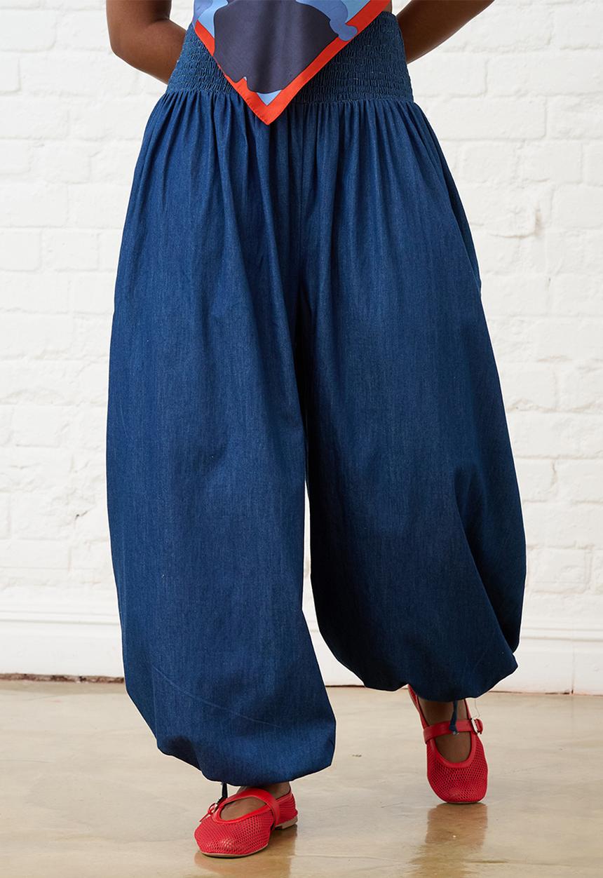 Balloon Drawstring Denim Pants - Blue