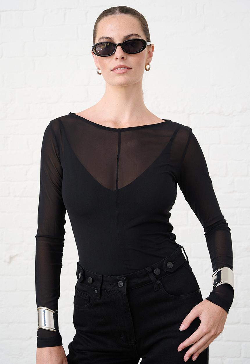 Me&B - Boat Neck Mesh Top - Black