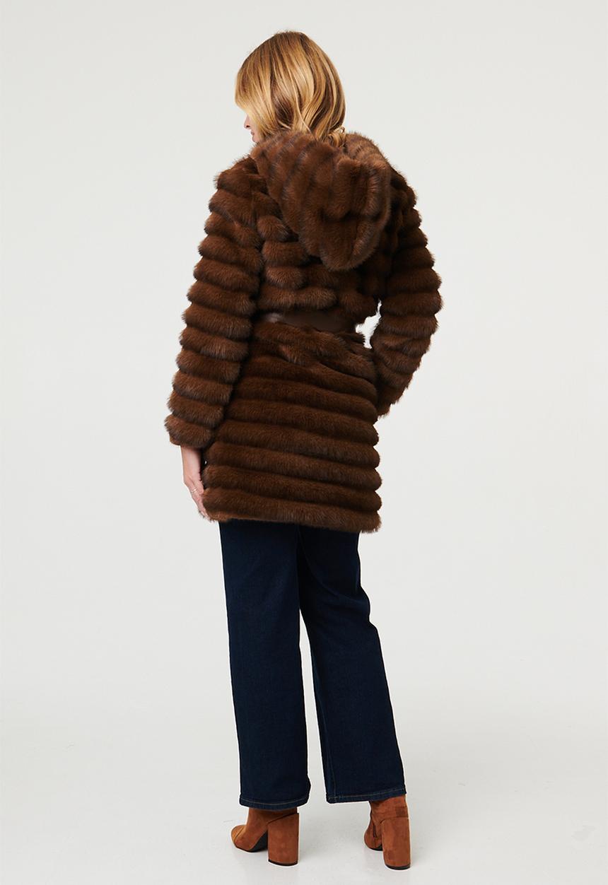 Stella Morgan - L/S Faux Fur Jacket With Pleather Belt Detail - Brown