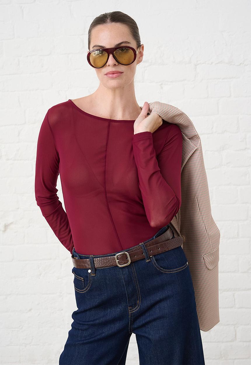 Me&B - Crew Neck Mesh Top - Burgundy
