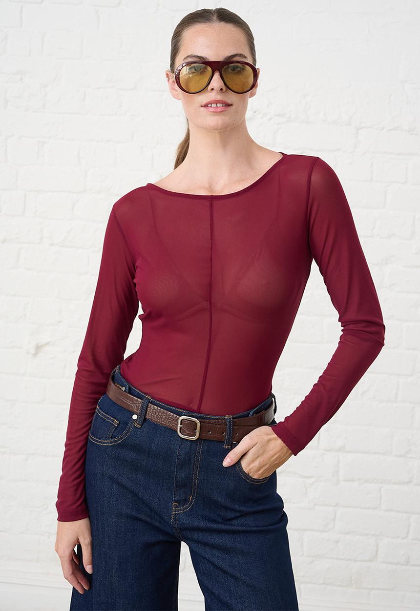 Me&B - Crew Neck Mesh Top - Burgundy