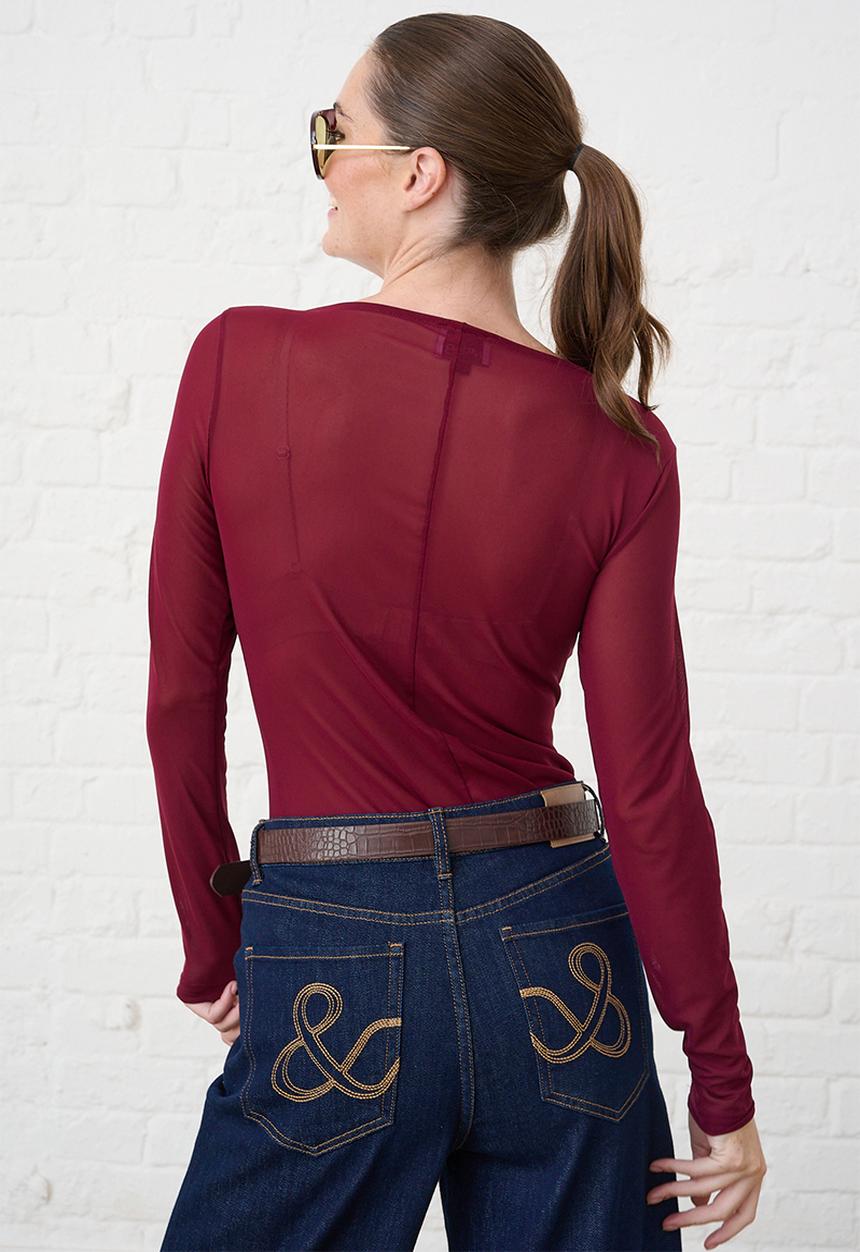 Me&B - Crew Neck Mesh Top - Burgundy
