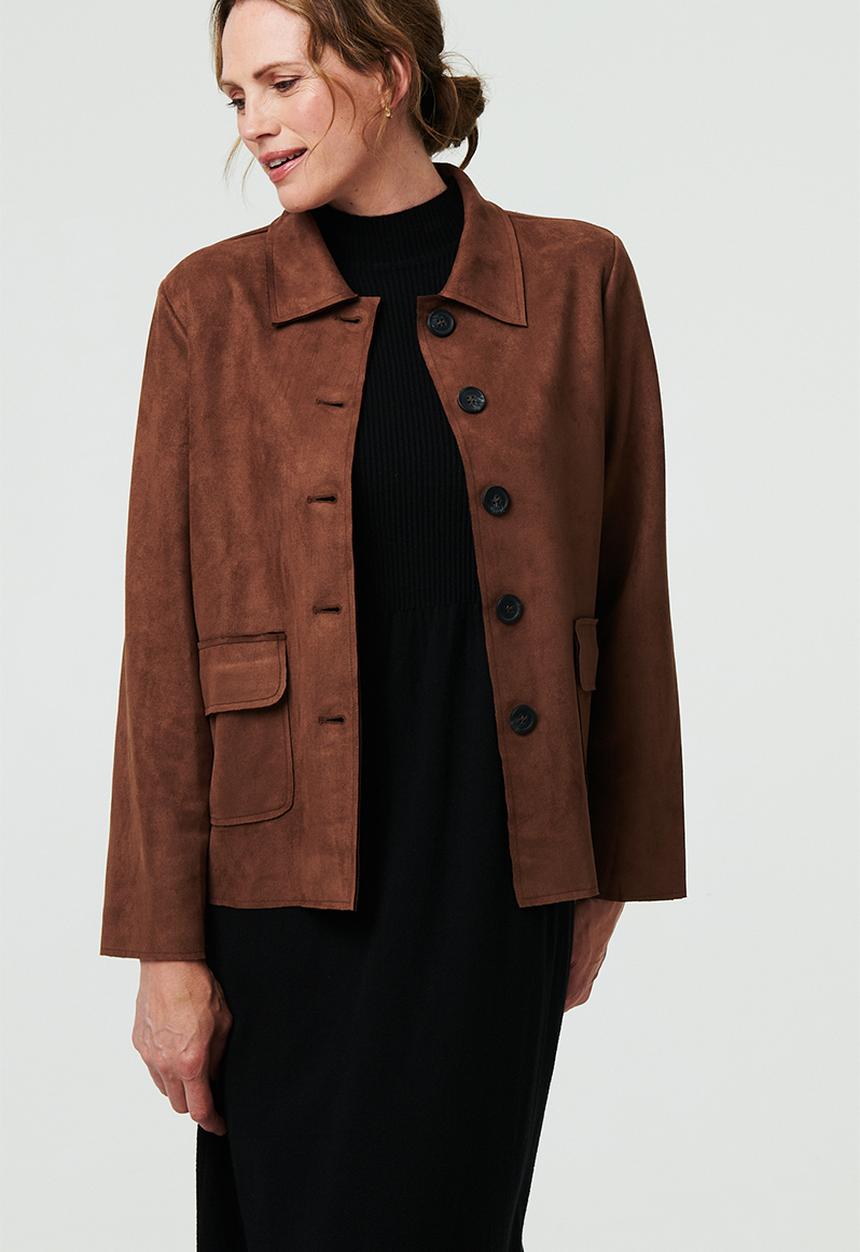 Izabel London - L/S Button Through Faux Suede Short Length Jacket - Brown