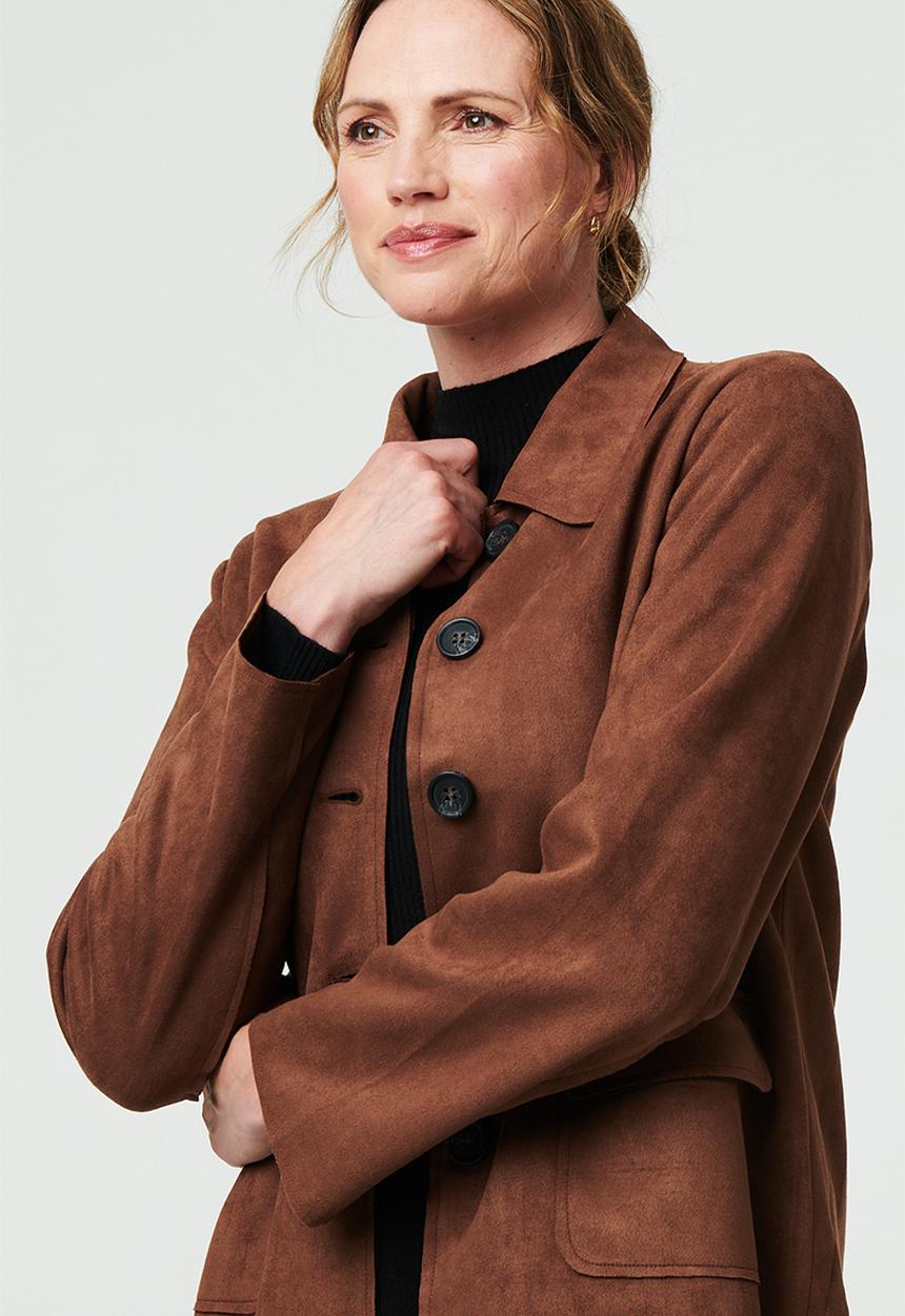 Izabel London - L/S Button Through Faux Suede Short Length Jacket - Brown