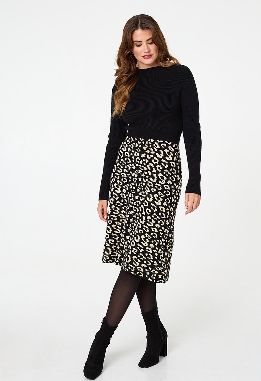 Izabel London - L/S Crew Neck Knitted Knee Length Dress With Animal A-Line Skirt - Multi Black