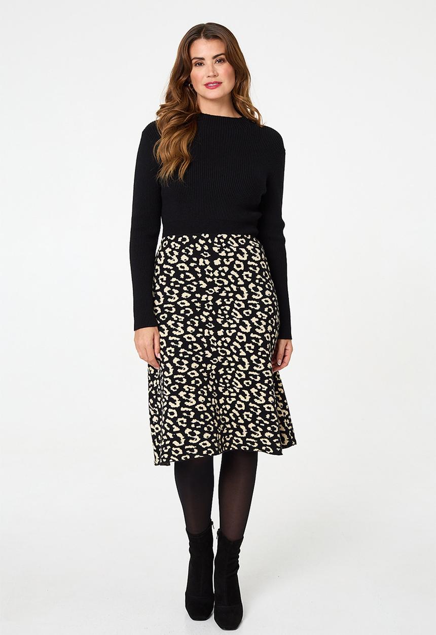 Izabel London - L/S Crew Neck Knitted Knee Length Dress With Animal A-Line Skirt - Multi Black