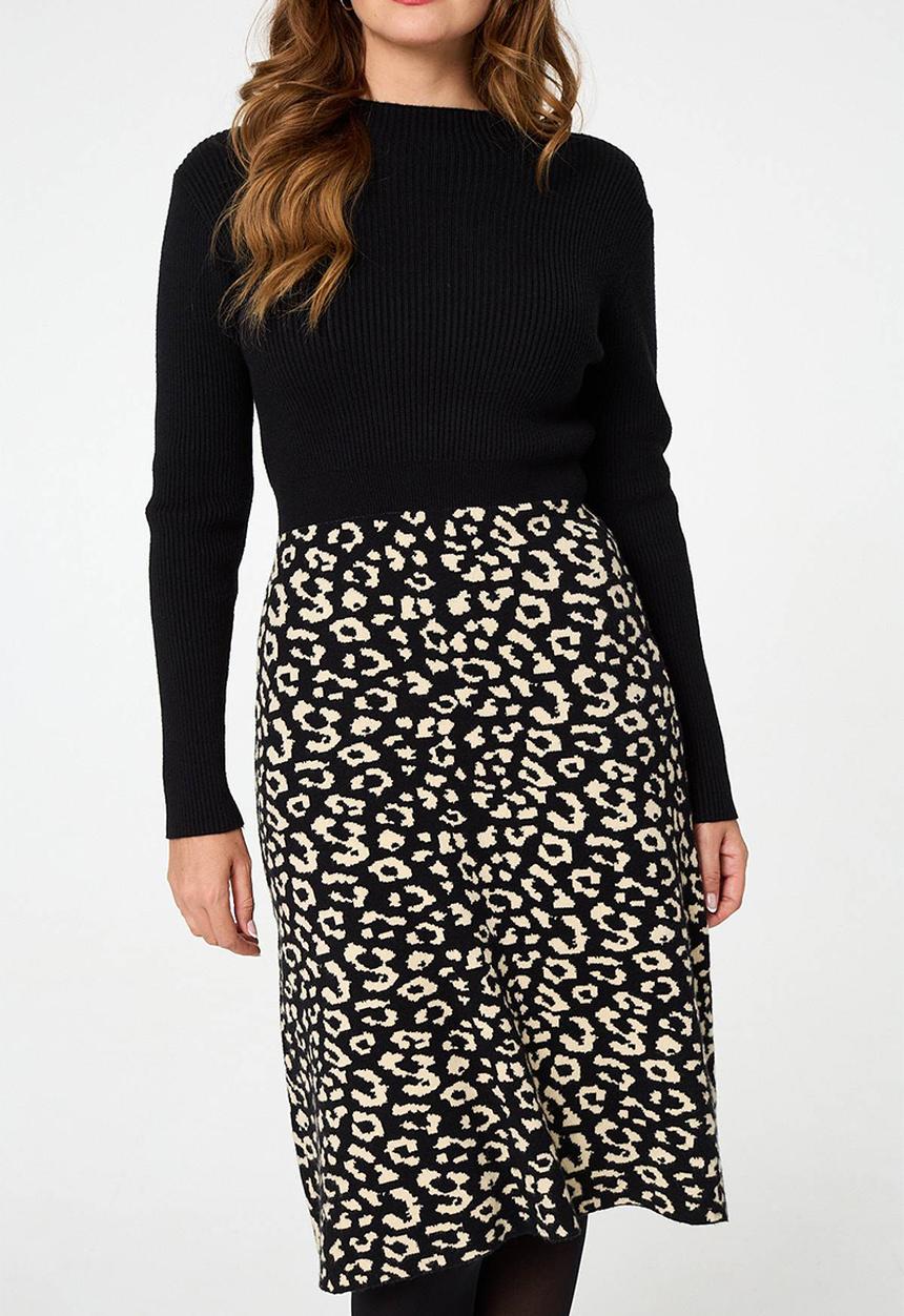 Izabel London - L/S Crew Neck Knitted Knee Length Dress With Animal A-Line Skirt - Multi Black