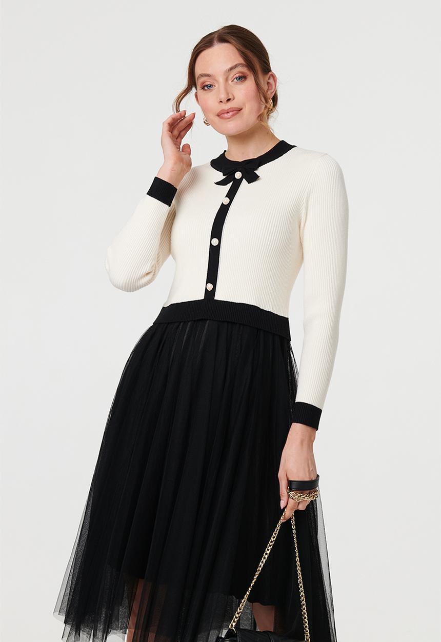 Stella Morgan - L/S Crew Neck Contrast Top Detail With Pearl Buttons, A Line Mesh Skirt - Black And White