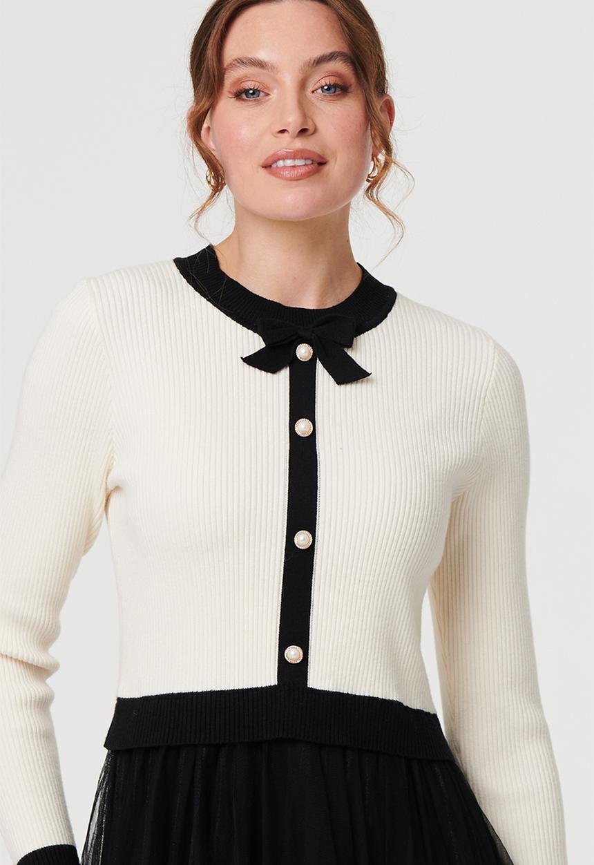 Stella Morgan - L/S Crew Neck Contrast Top Detail With Pearl Buttons, A Line Mesh Skirt - Black And White