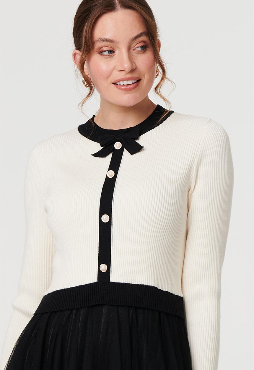 Stella Morgan - L/S Crew Neck Contrast Top Detail With Pearl Buttons, A Line Mesh Skirt - Black And White