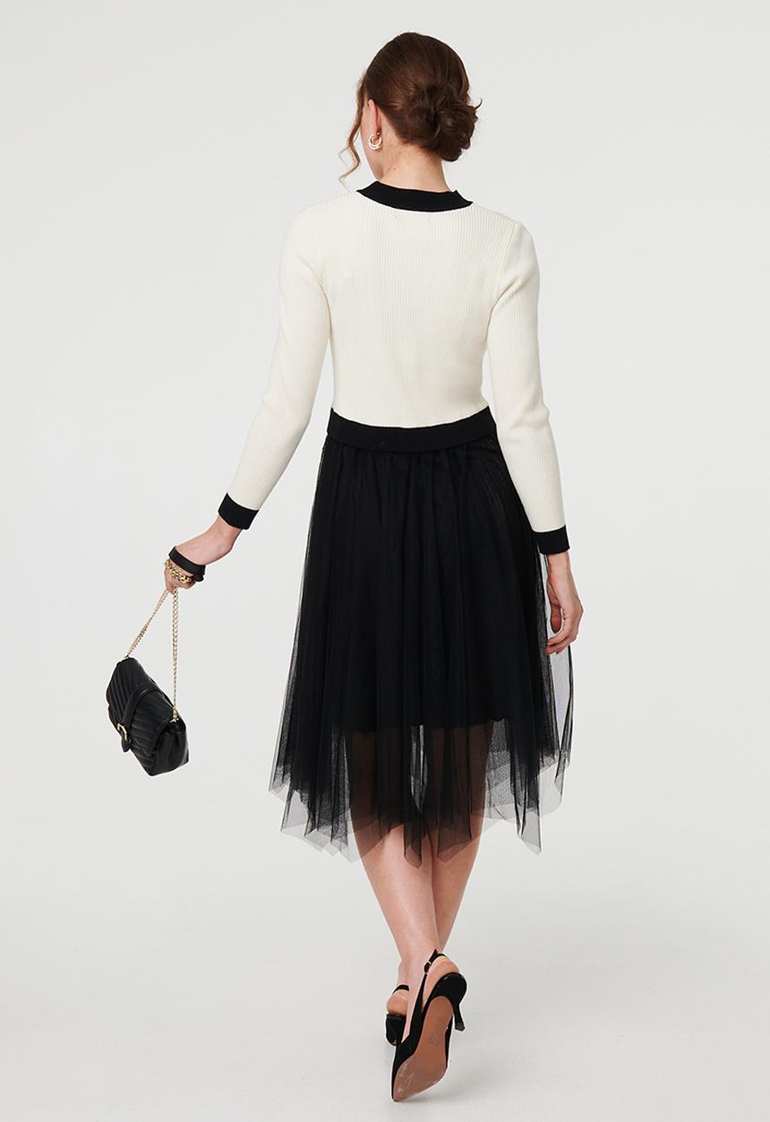 Stella Morgan - L/S Crew Neck Contrast Top Detail With Pearl Buttons, A Line Mesh Skirt - Black And White