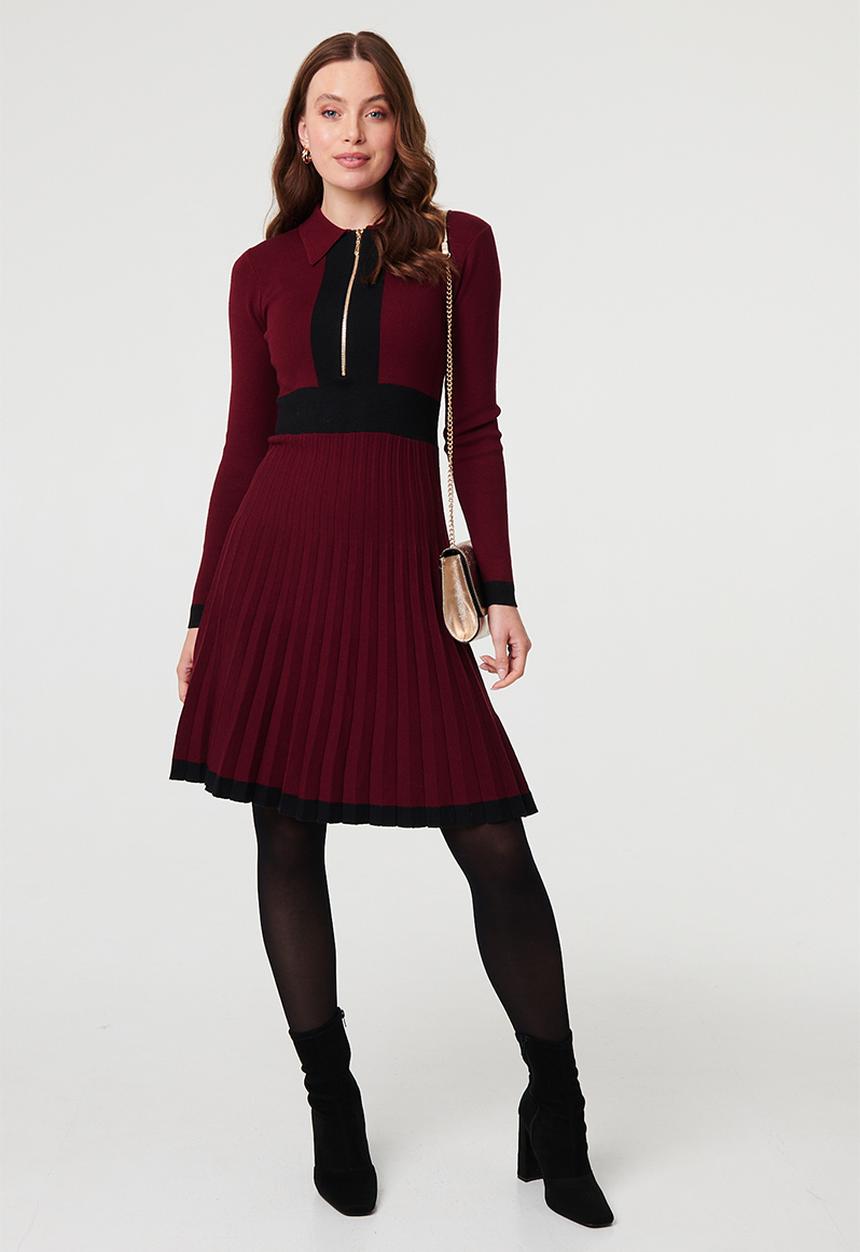 Stella Morgan - L/S Knitted Dress With Zip Placket Contrast Detail With Pleated Skirt - Multi Wine