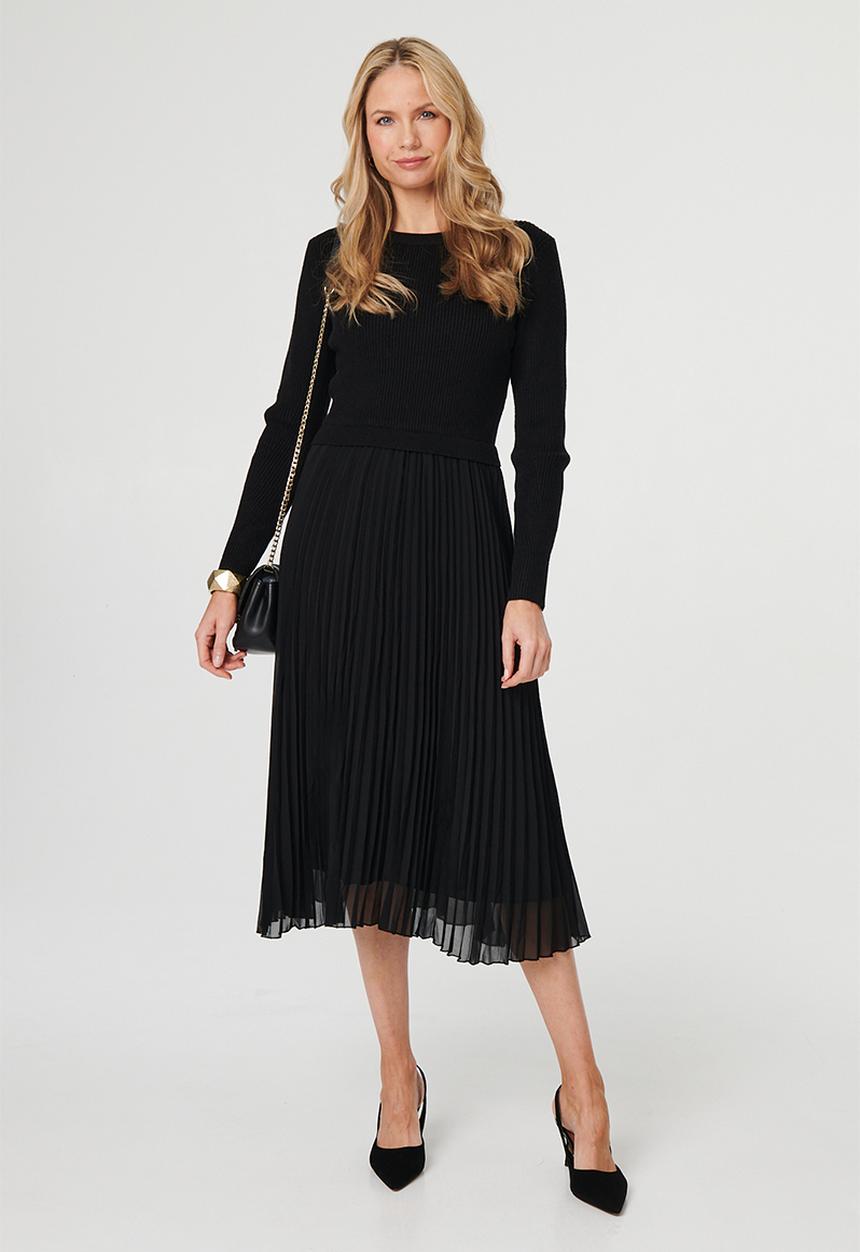 Izabel London - L/S Knitted Combination Maxi Dress With Chiffon Pleated Skirt - Black
