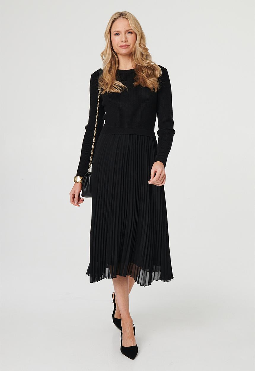Izabel London - L/S Knitted Combination Maxi Dress With Chiffon Pleated Skirt - Black