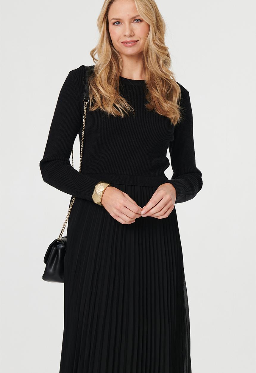 Izabel London - L/S Knitted Combination Maxi Dress With Chiffon Pleated Skirt - Black