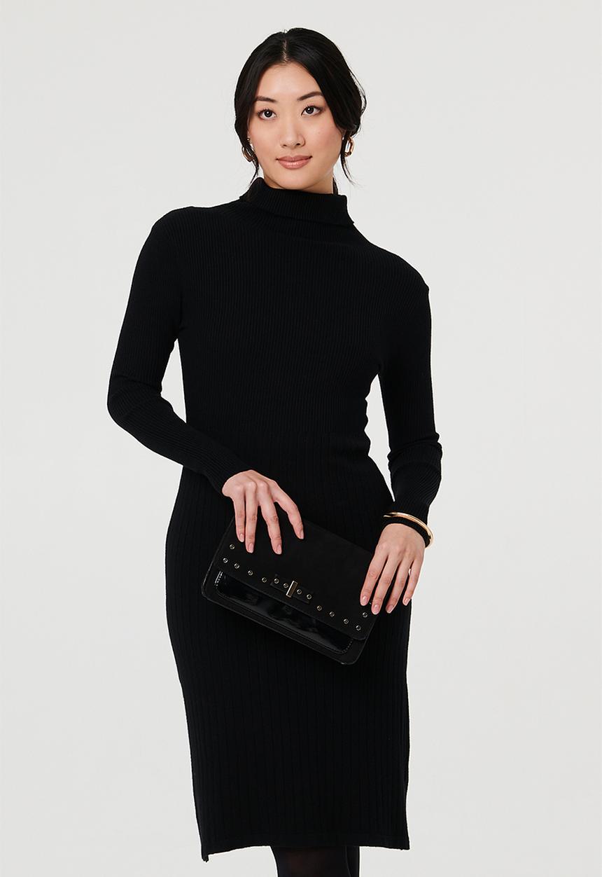 L/S High Neck A-Line Sweater Dress - Black