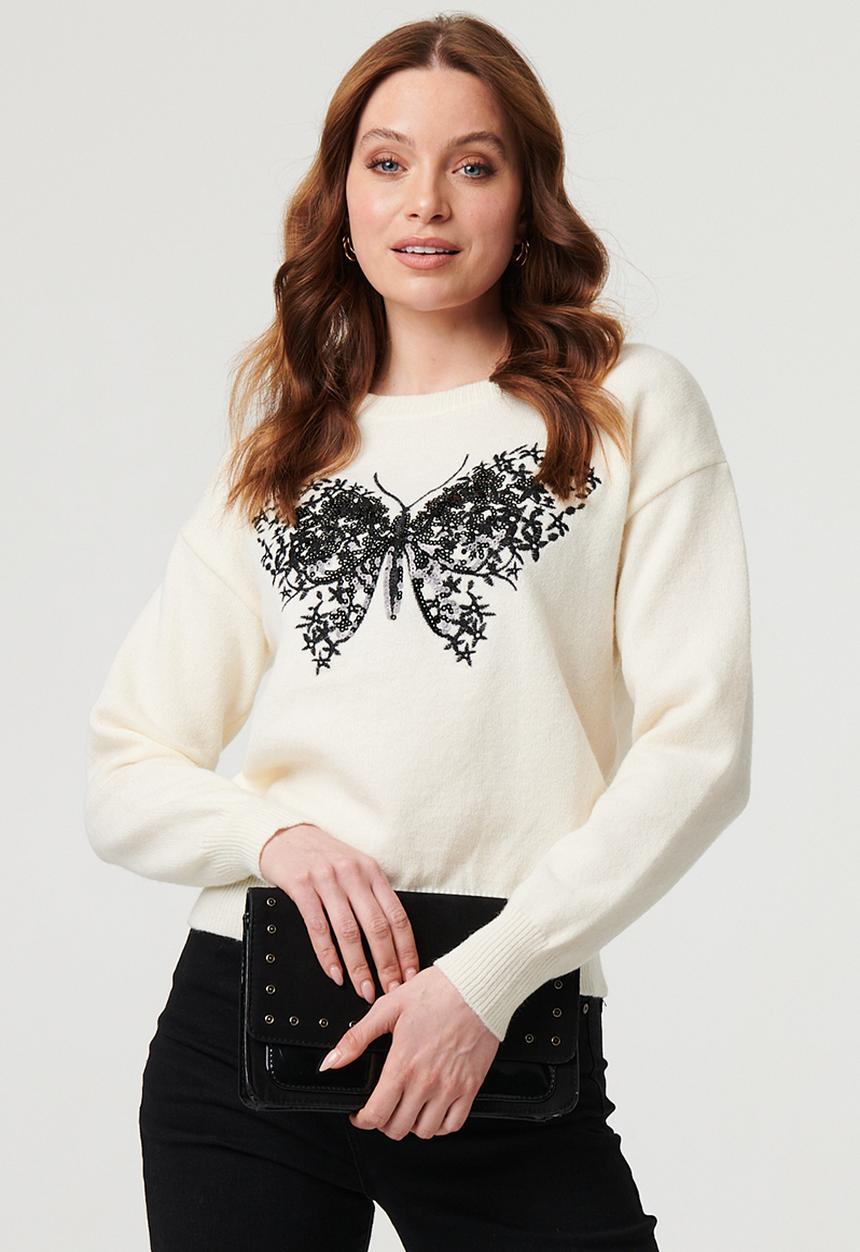 Izabel London - L/S Crew Neck Sweater With Butterfly Motif In Embroidery And Sequin Deail - White