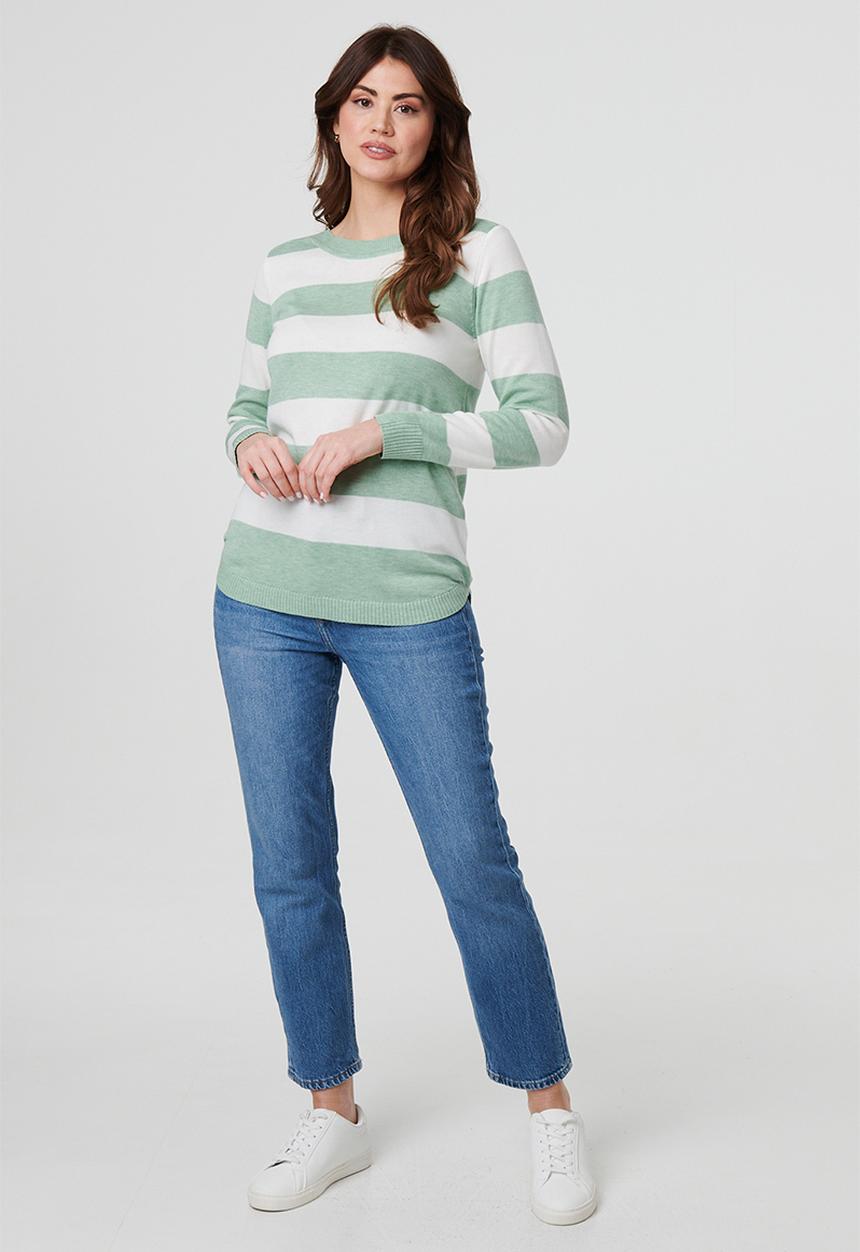 Stella Morgan - Long sleeve Boat Neck Wool Blend Stripe Sweater - Sage