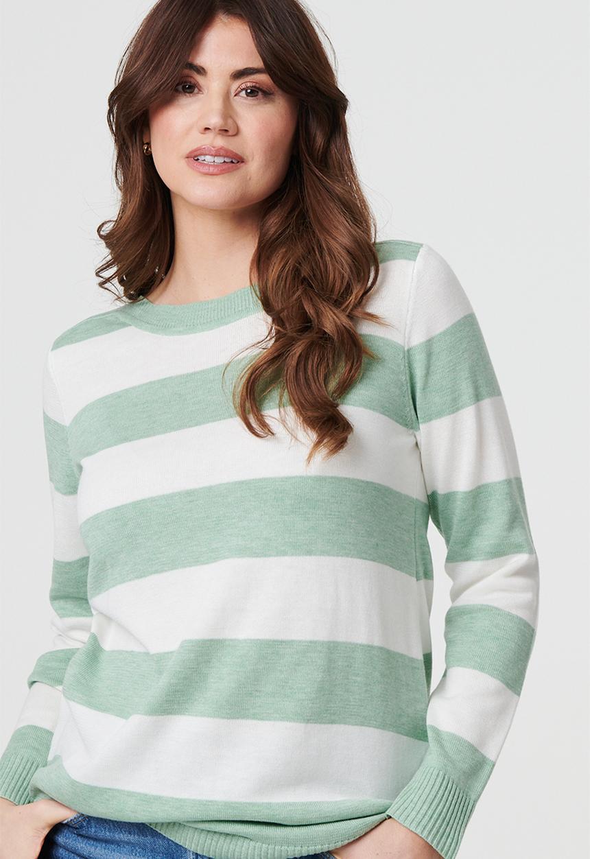 Stella Morgan - Long sleeve Boat Neck Wool Blend Stripe Sweater - Sage