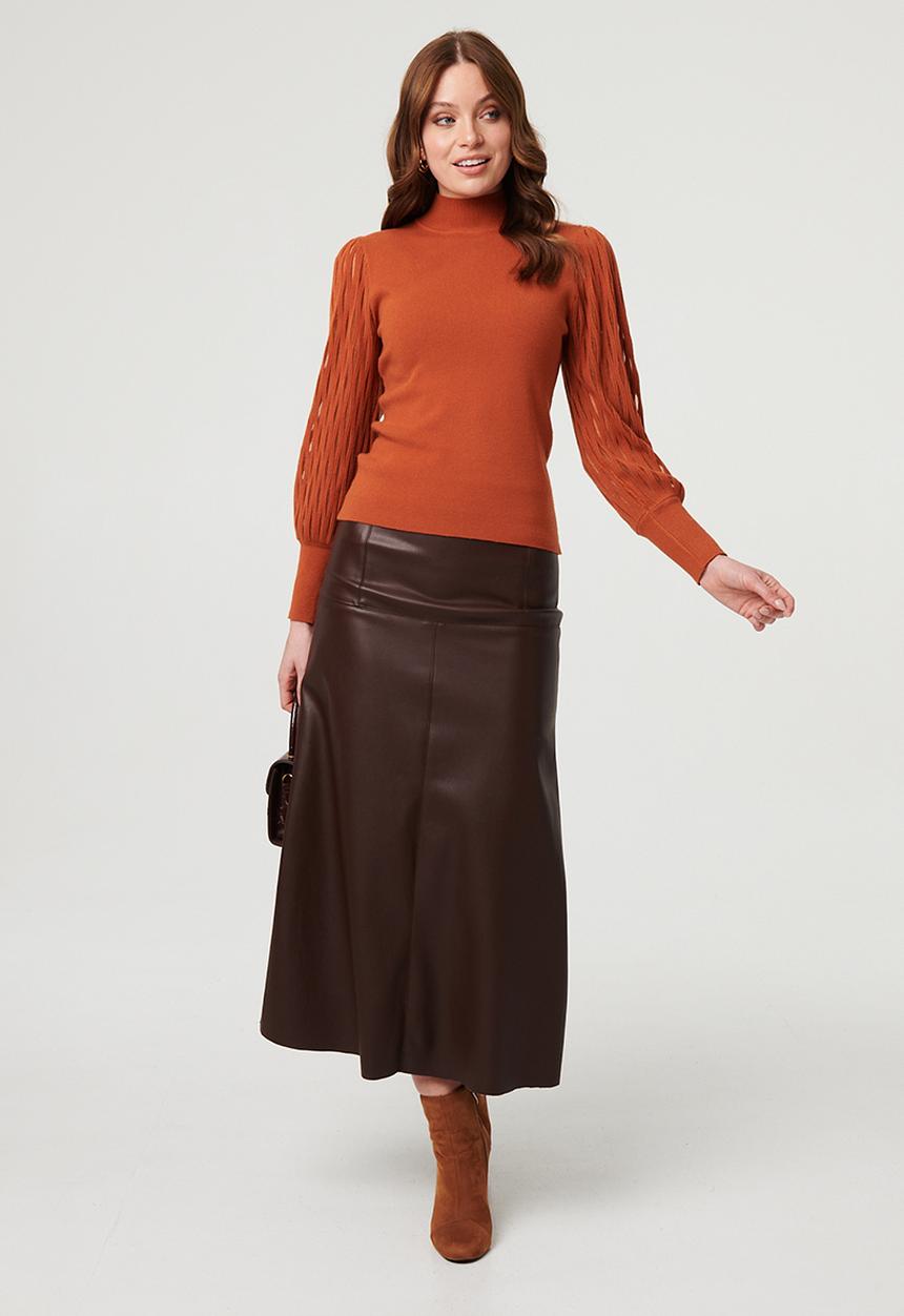 Izabel London - Long sleeve Puff Shoulder Sleeve Detail Knitted Sweater - Rust