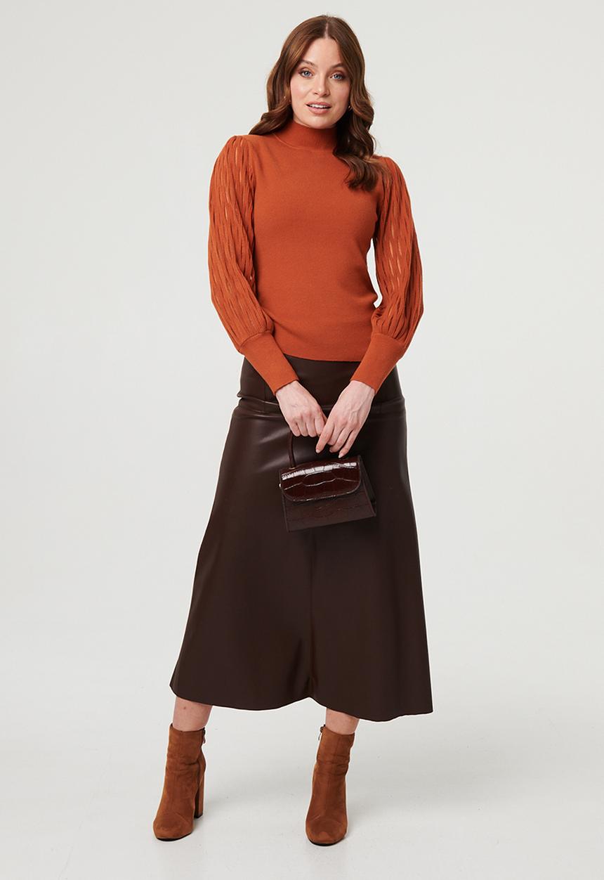 Izabel London - Long sleeve Puff Shoulder Sleeve Detail Knitted Sweater - Rust