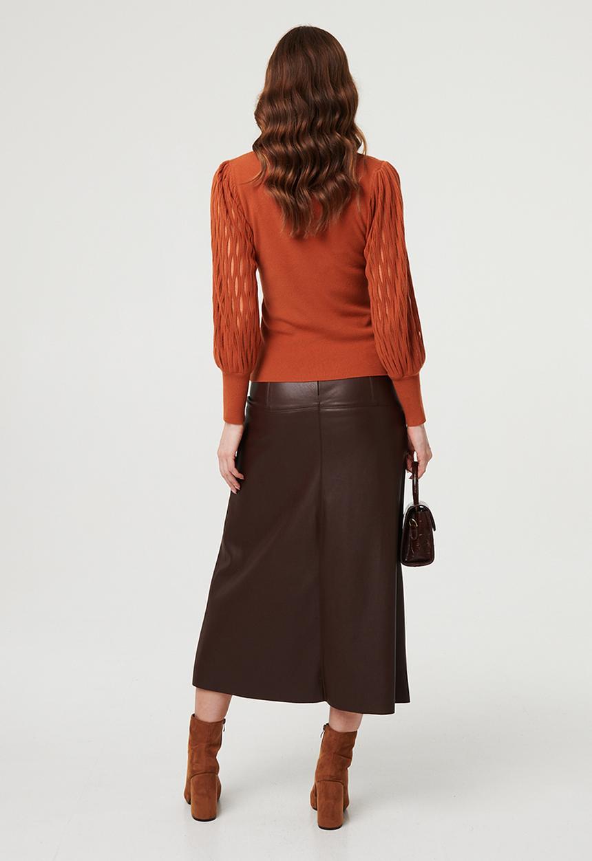 Izabel London - Long sleeve Puff Shoulder Sleeve Detail Knitted Sweater - Rust
