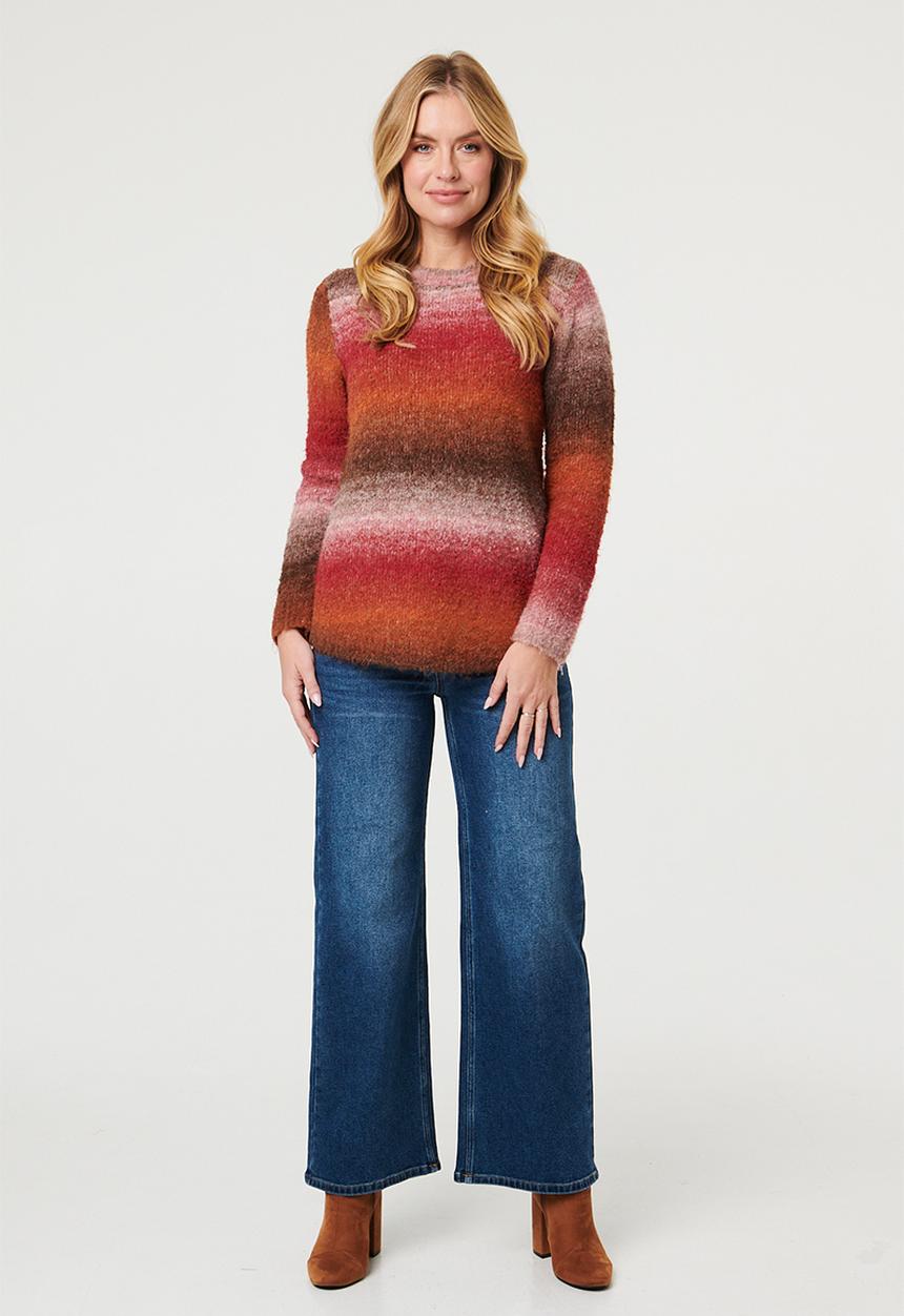 Izabel London - Long sleeve Crew Neck Ombre Effect Sweater With Scoop Hem - Multi