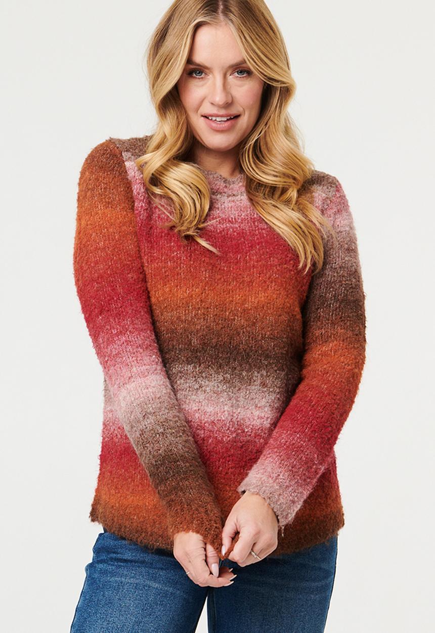 Izabel London - Long sleeve Crew Neck Ombre Effect Sweater With Scoop Hem - Multi