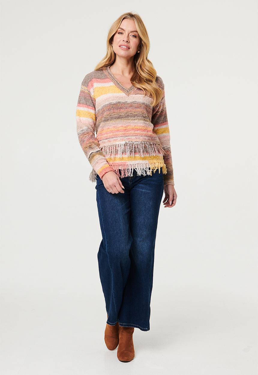 Izabel London - V-Neck Ombre Effect Sweater With Fray On Front And Back - Multi