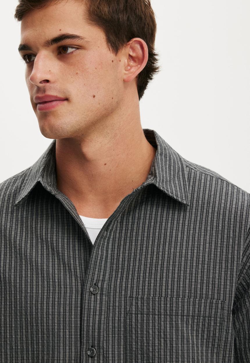 Cotton On - Hudson Long Sleeve Shirt - Black Mini Check