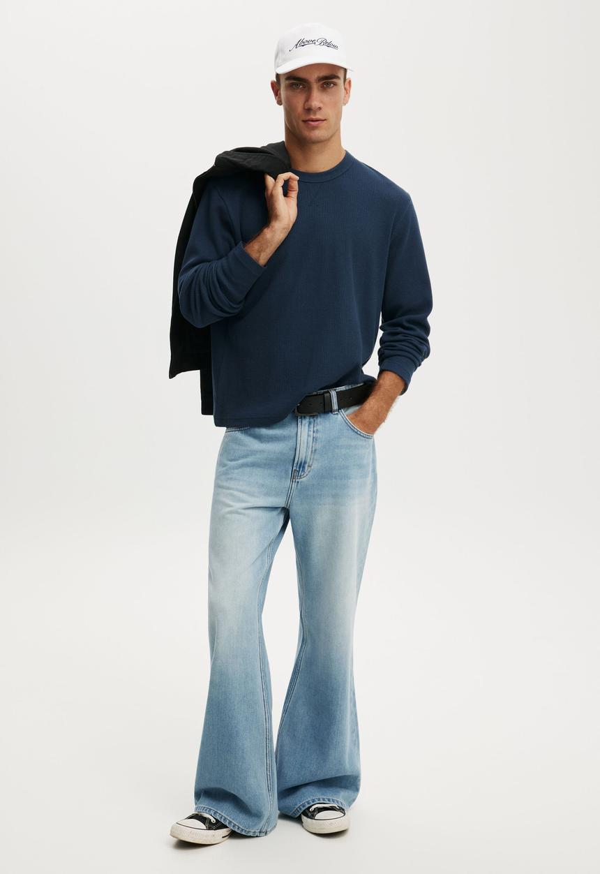 Cotton On - Cropped Fit Textured Long Sleeve - Auto Navy Waffle