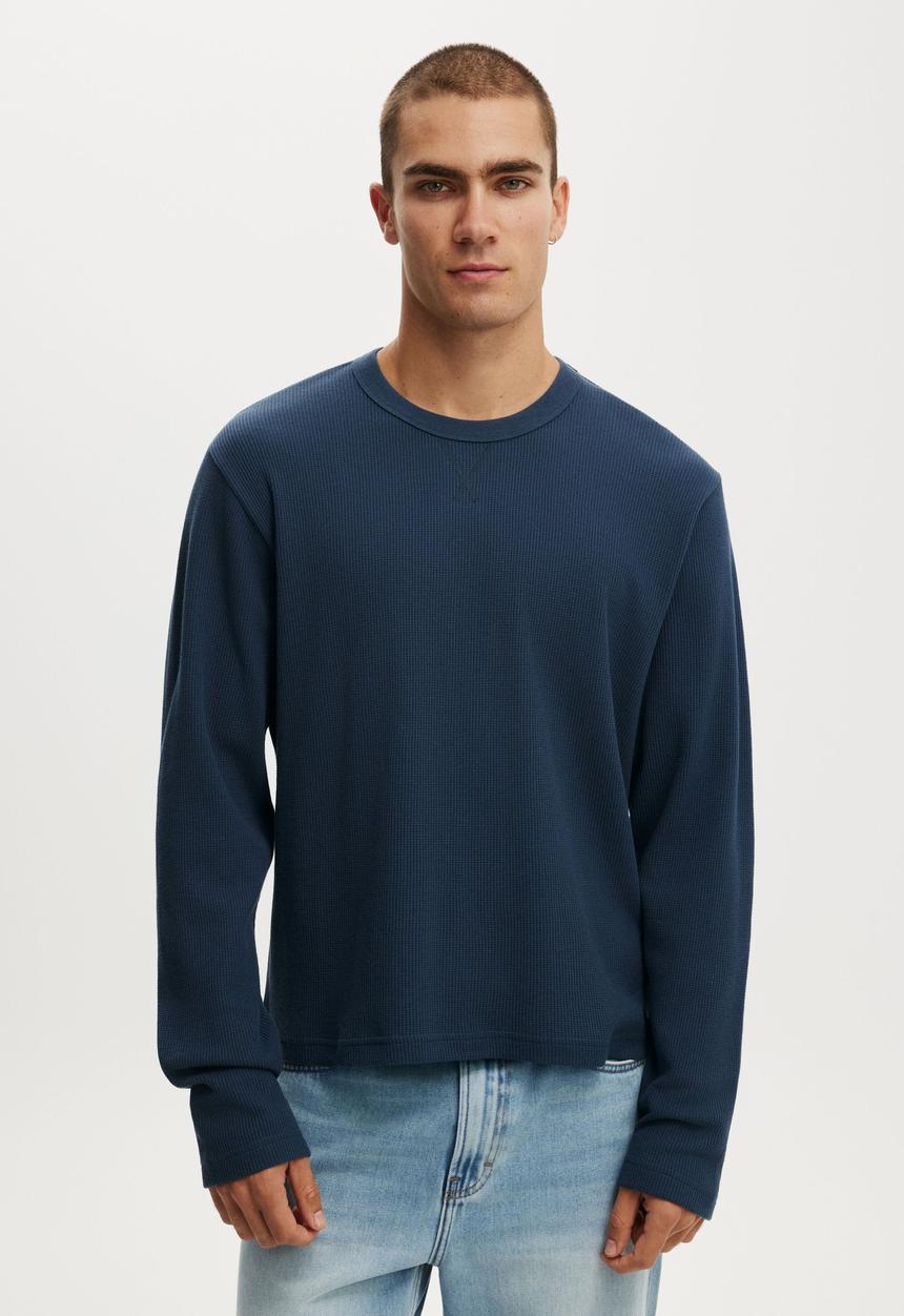 Cotton On - Cropped Fit Textured Long Sleeve - Auto Navy Waffle