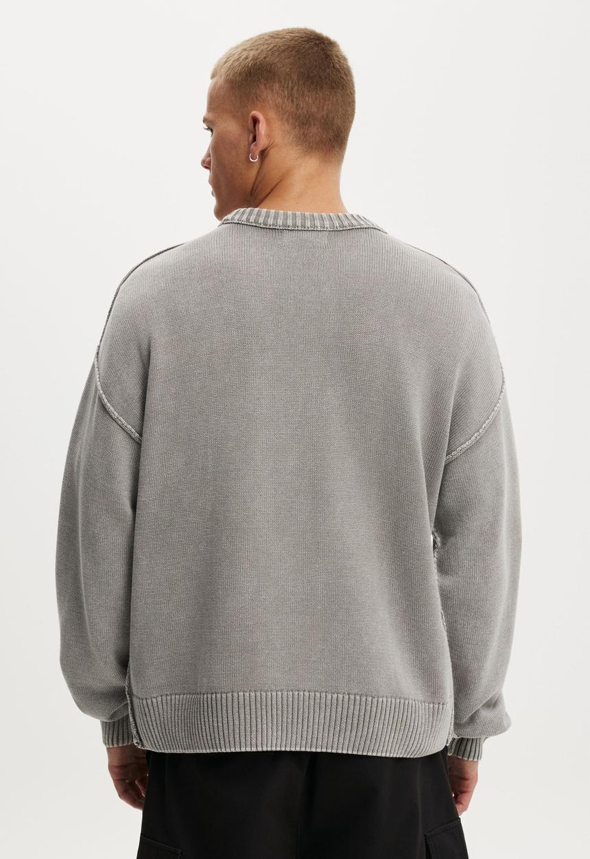Cotton On - Washed Graphic Crew Knit - Washed Grey