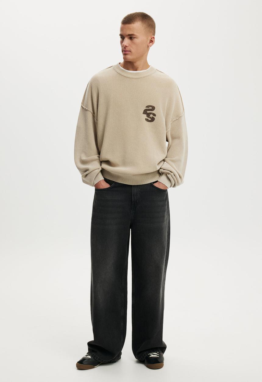 Cotton On - Washed Graphic Crew Knit - Washed Stone