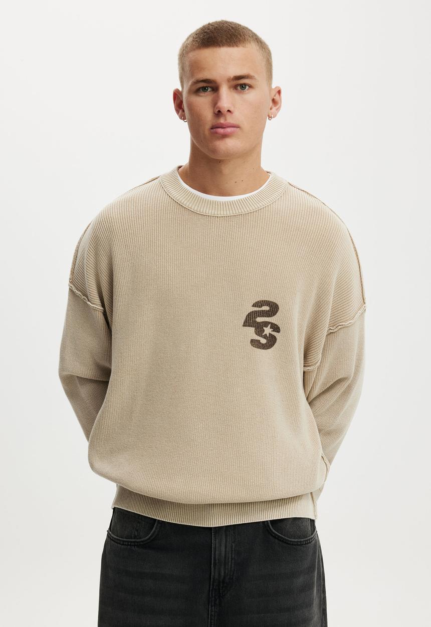 Cotton On - Washed Graphic Crew Knit - Washed Stone