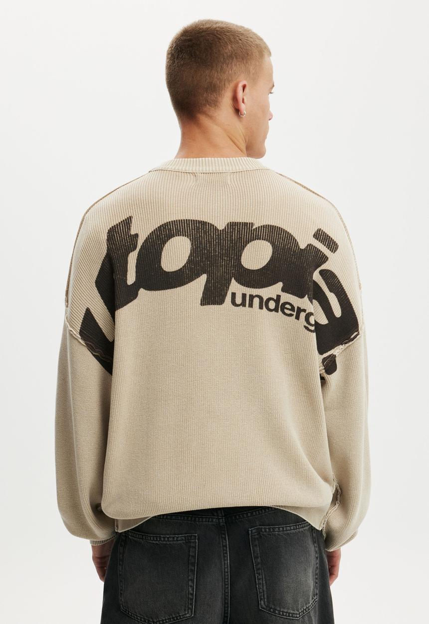 Cotton On - Washed Graphic Crew Knit - Washed Stone