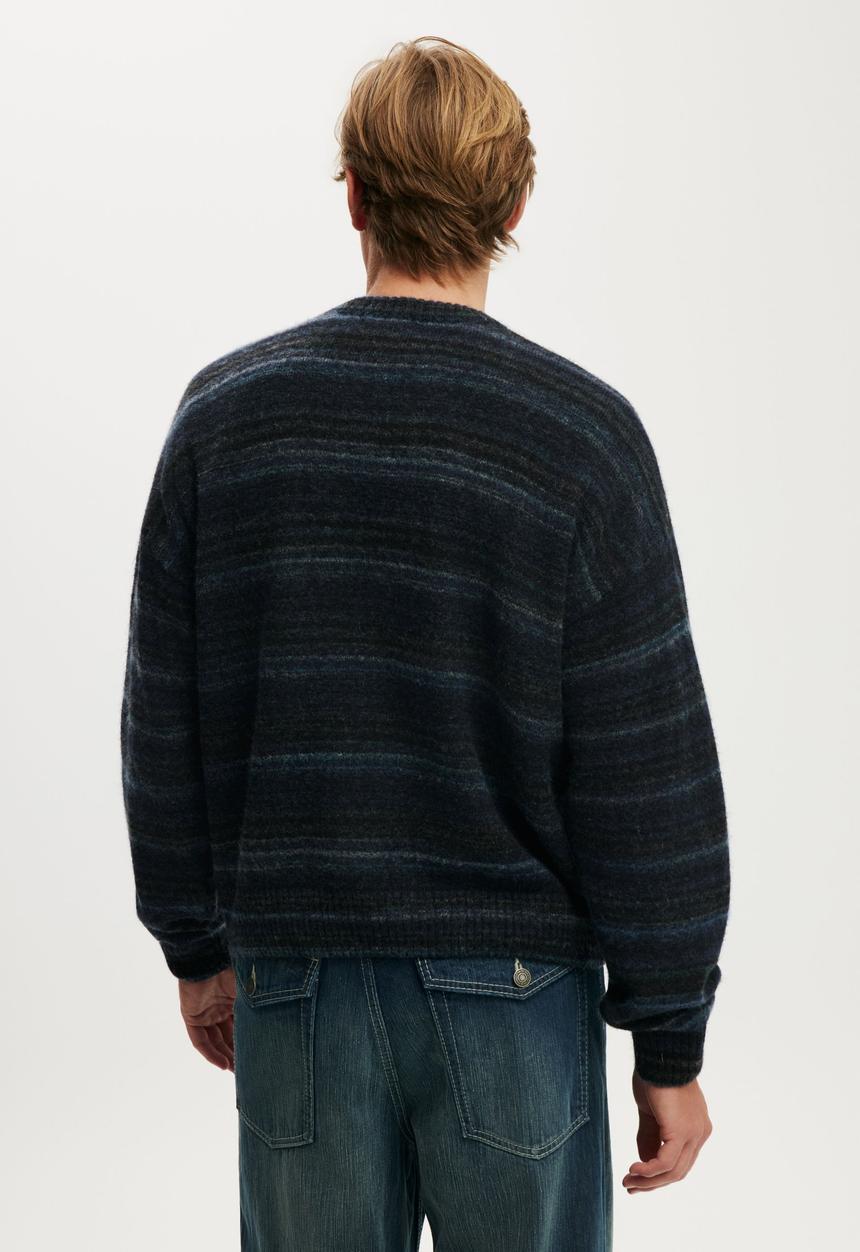 Cotton On - Box Fit Fuzzy Crew Knit - Black Stripe
