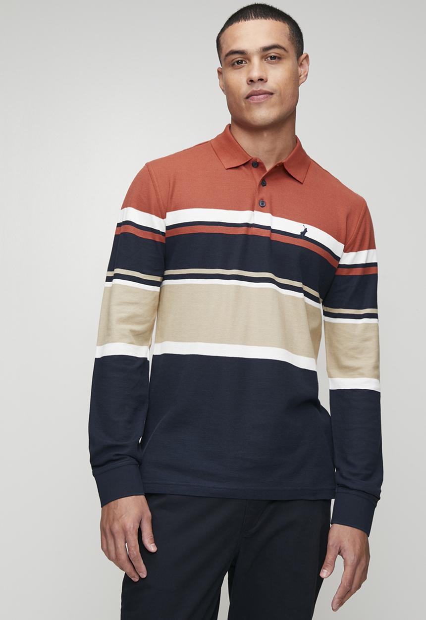 POLO - Tilston Pique Stripe Long sleeve Golfer - Brick