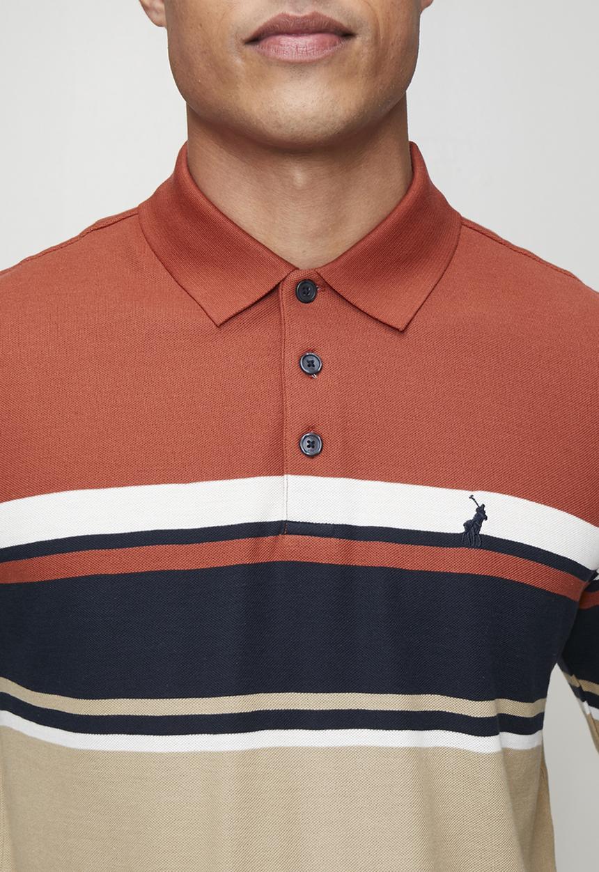 POLO - Tilston Pique Stripe Long sleeve Golfer - Brick