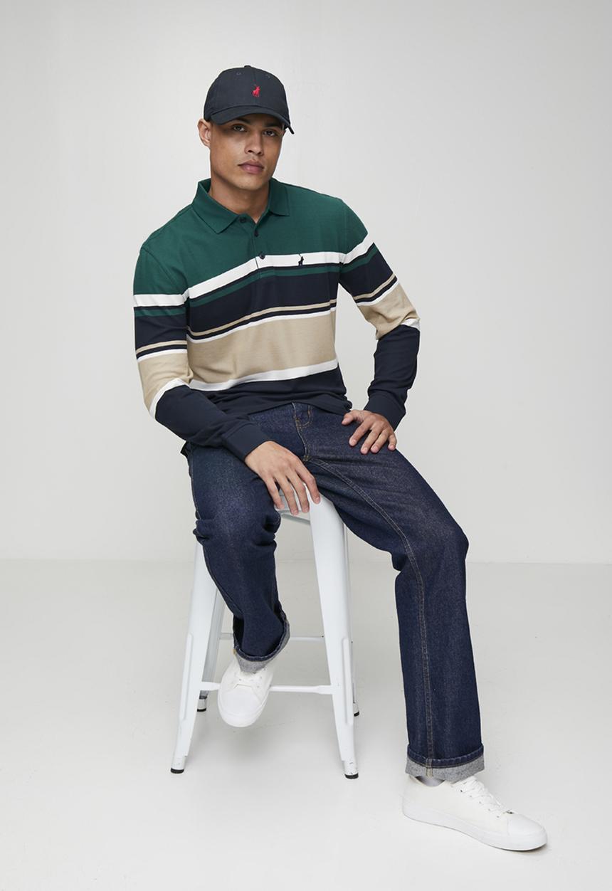 POLO - Tilston Pique Stripe Long sleeve Golfer - Green