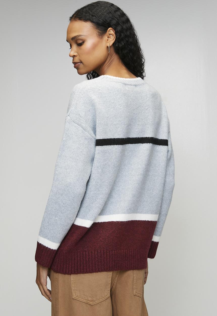 Izabel London - L/S Easy Wearing Irregular Stripe Sweater - Burgundy & Grey