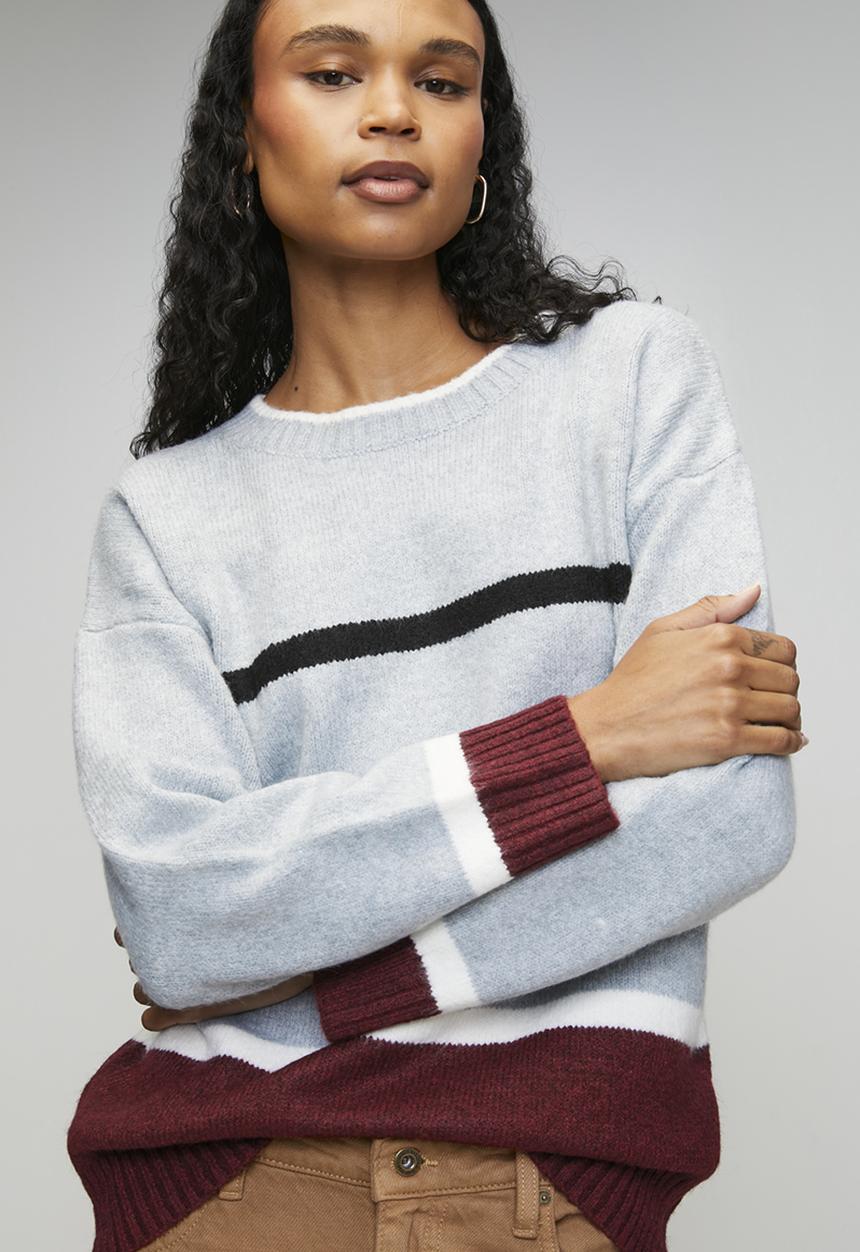 Izabel London - L/S Easy Wearing Irregular Stripe Sweater - Burgundy & Grey
