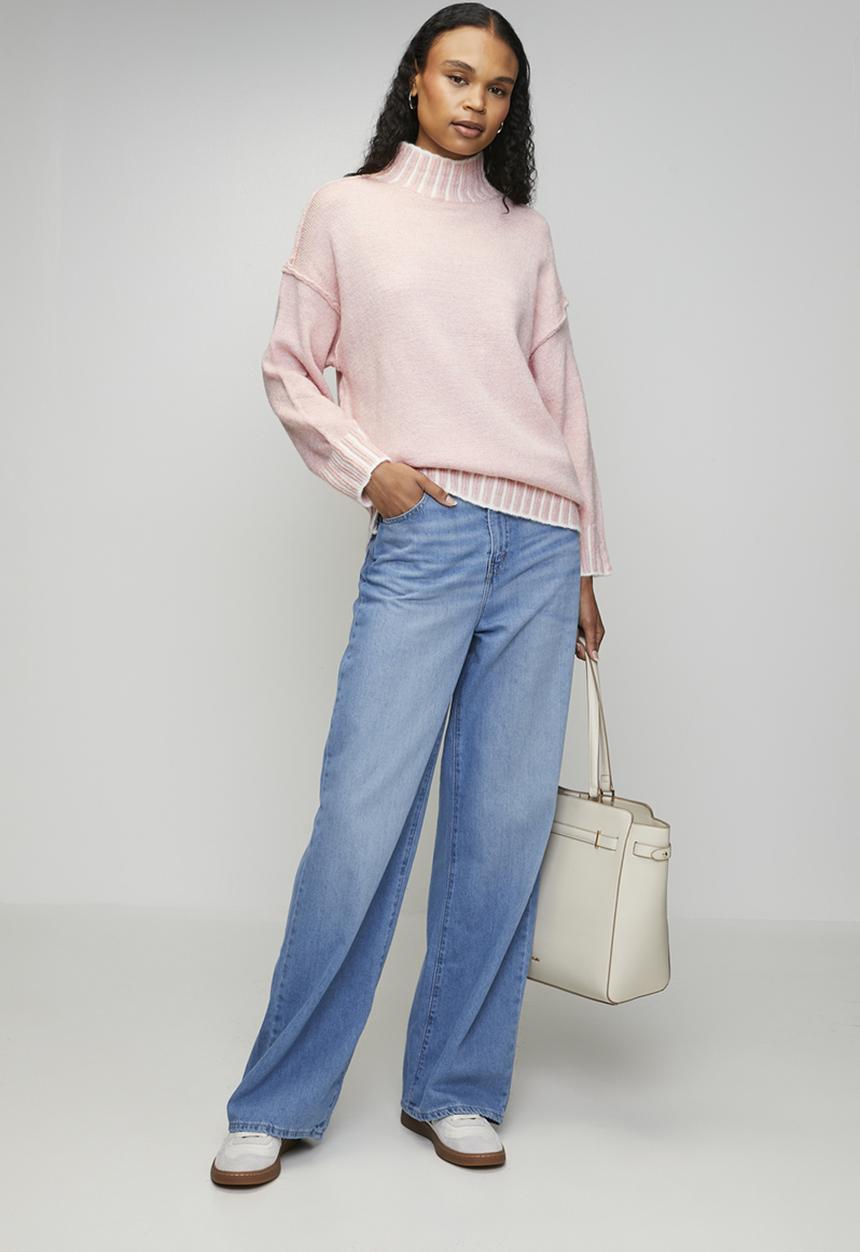 Izabel London - L/S Longer Length High Neck Melange Sweater - Petal Pink