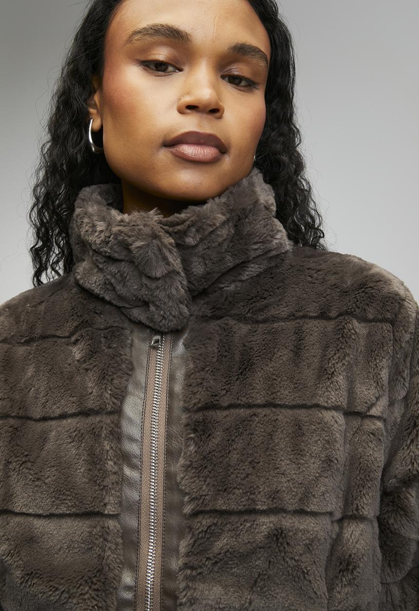 L/S Faux Fur Zip Through Jacket - Chocolatte