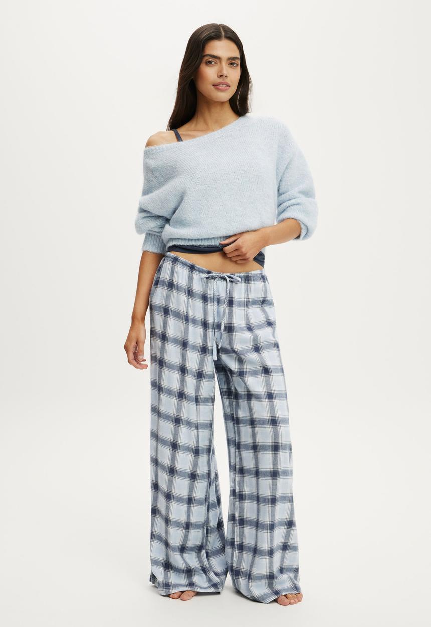 Cotton On - Cosy soft flannel wide leg pant - iris check steely blue
